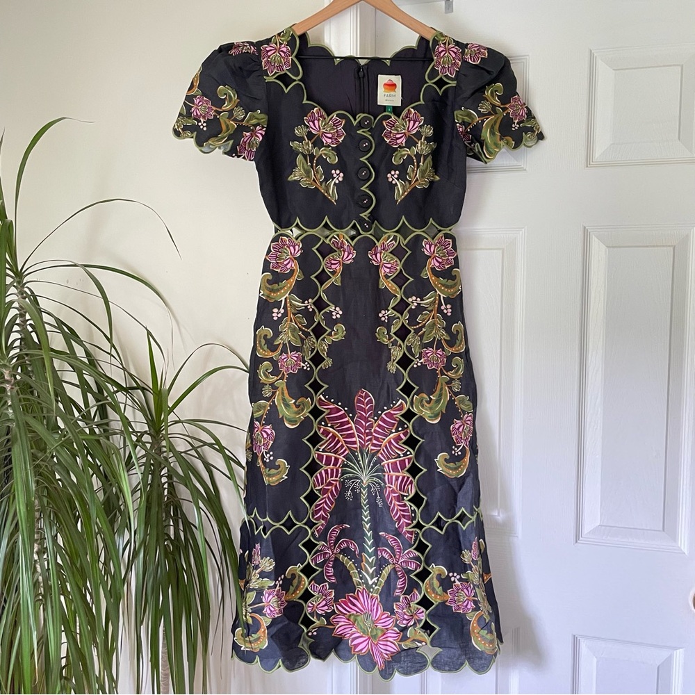 FARM Rio Ravenela Floral Embroidered Black Linen Midi Dress Women's Small NWT - Picture 5 of 16